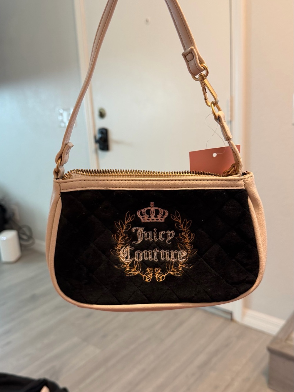 Juicy Couture Black Quilted Mini Shoulder Bag with Blush Trim